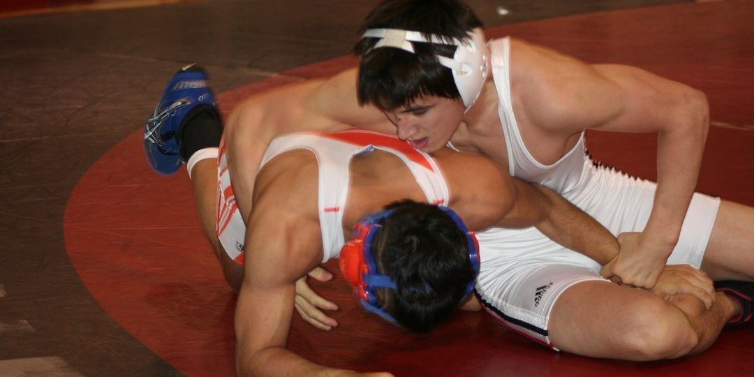 Student athletes in a wrestling match.