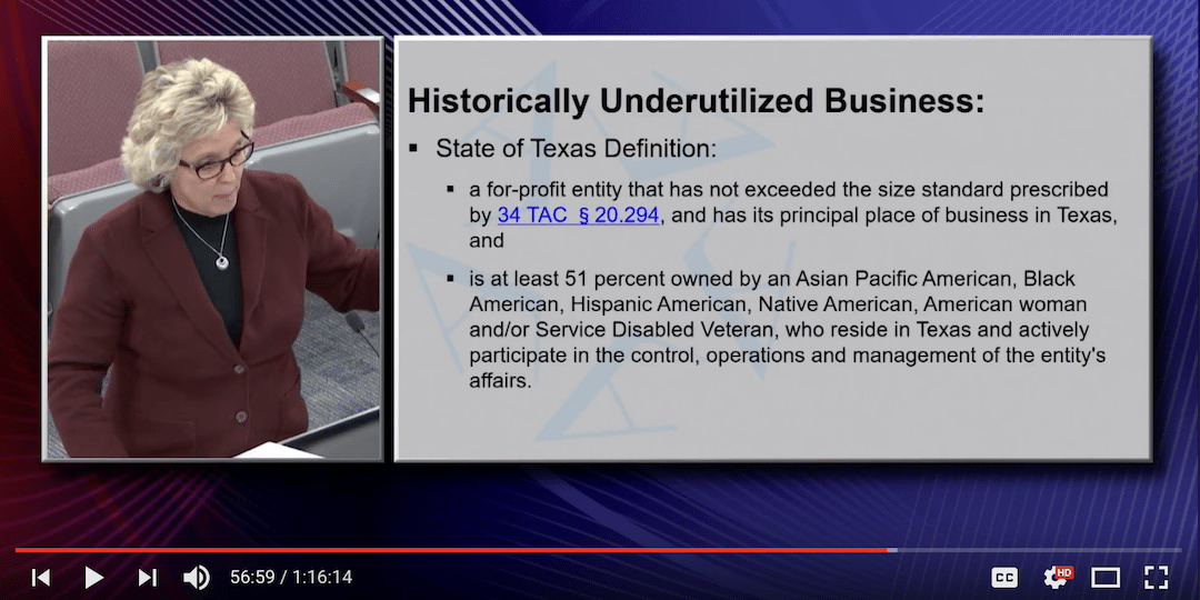 Screenshot of Cindy Powell at an AISD Board of Trustees meeting giving an update on HUB participation